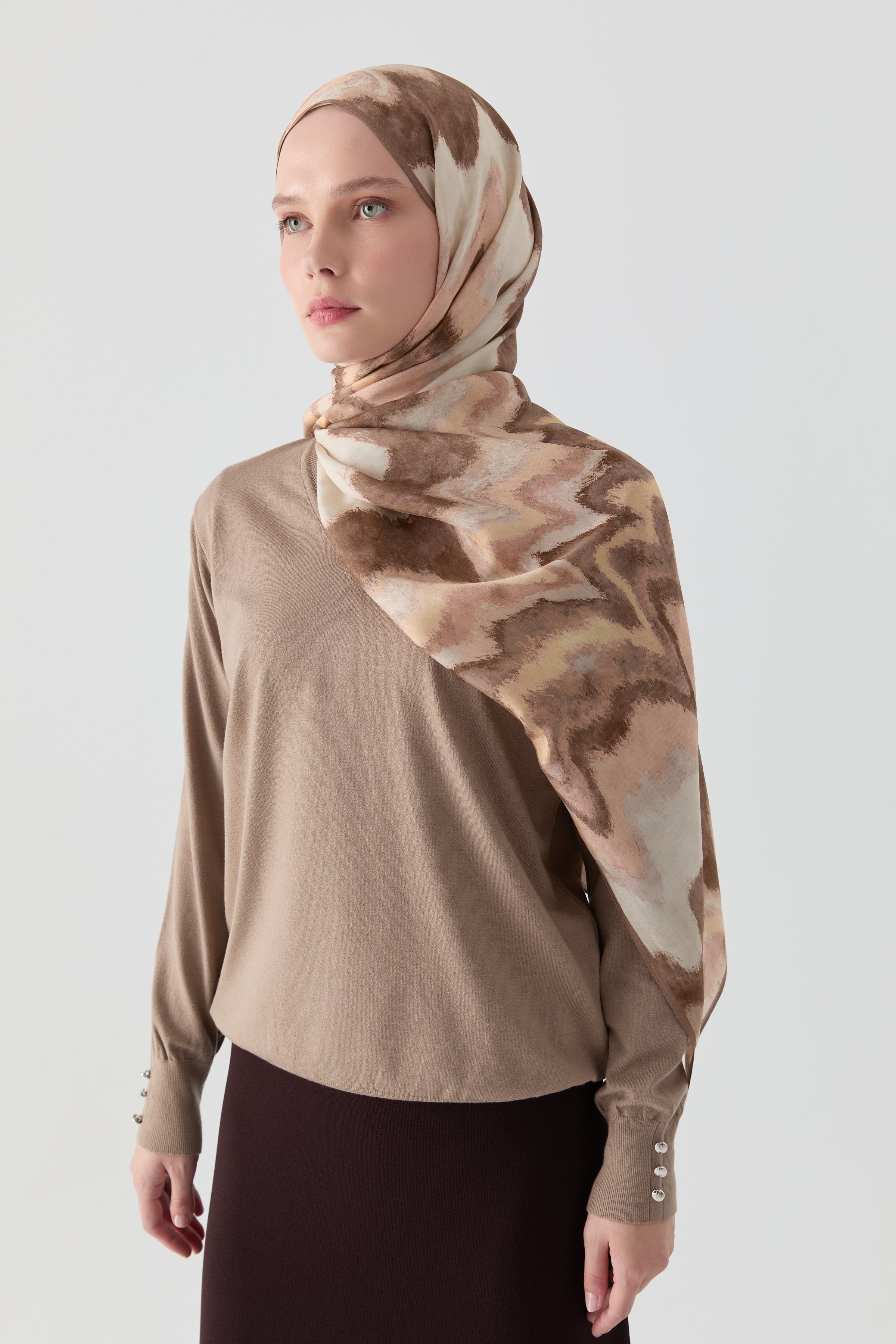 İkat Desenli Natural Şal - Pudra TUGBA