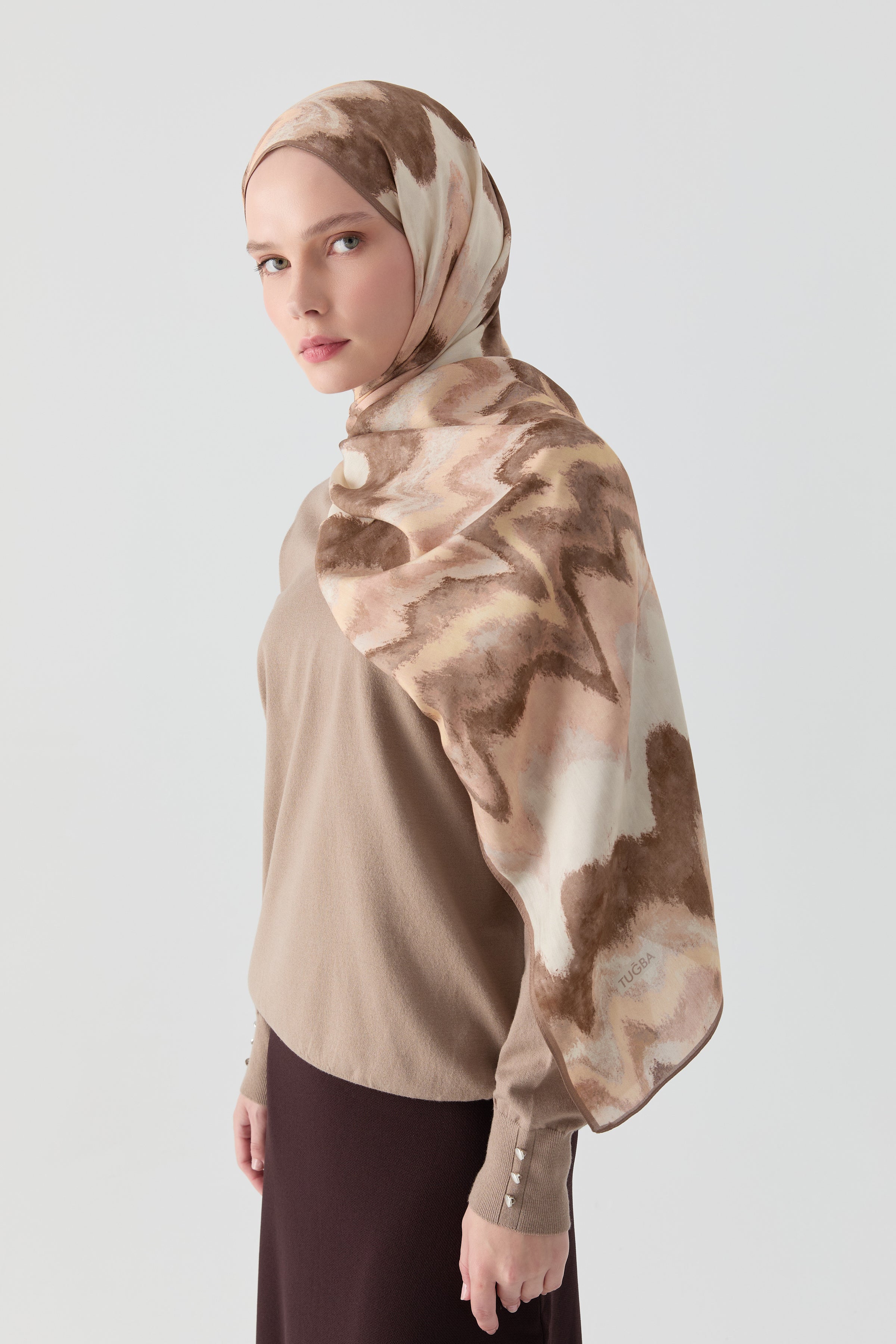 İkat Desenli Natural Şal - Pudra TUGBA