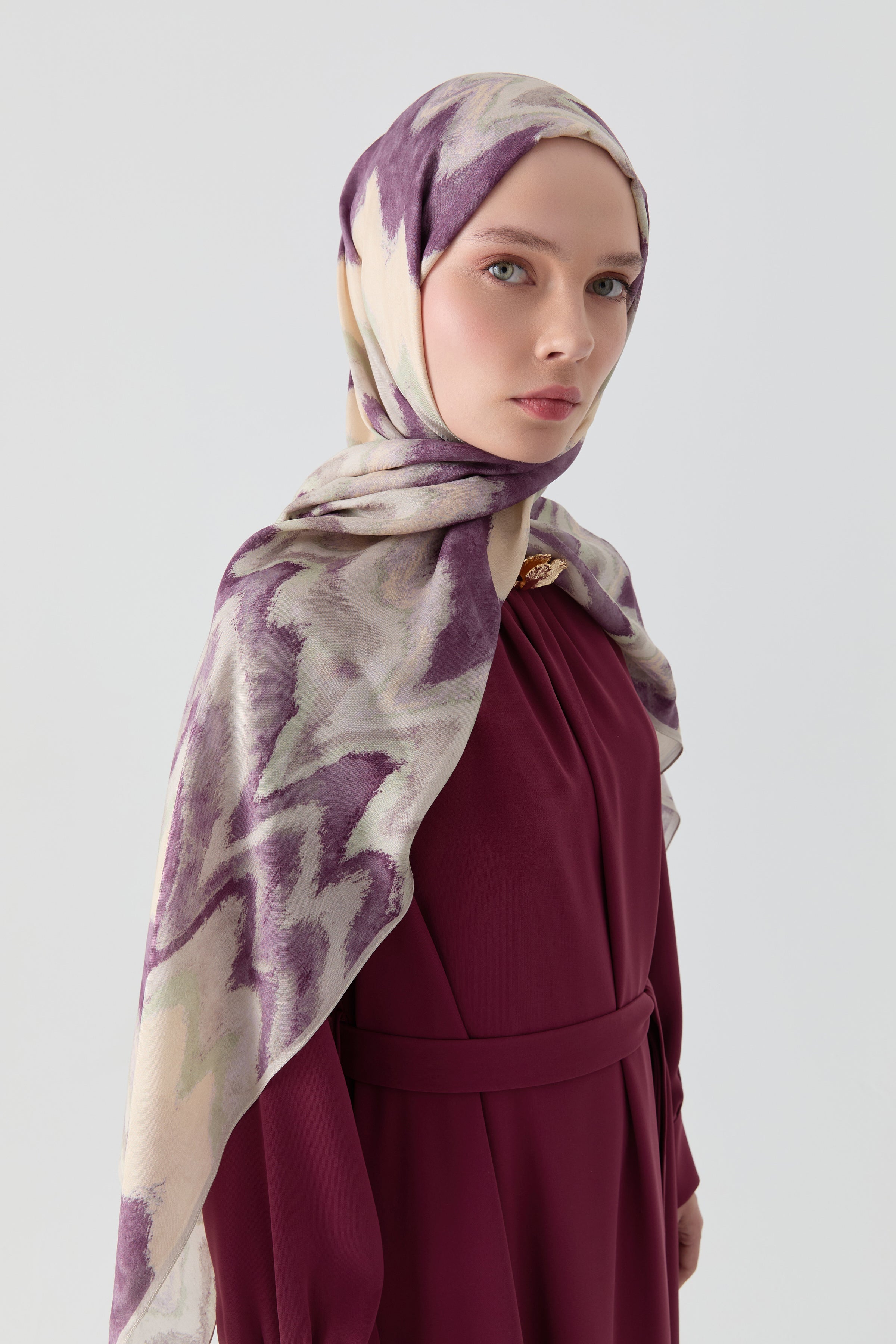 İkat Desenli Natural Şal - Lila TUGBA