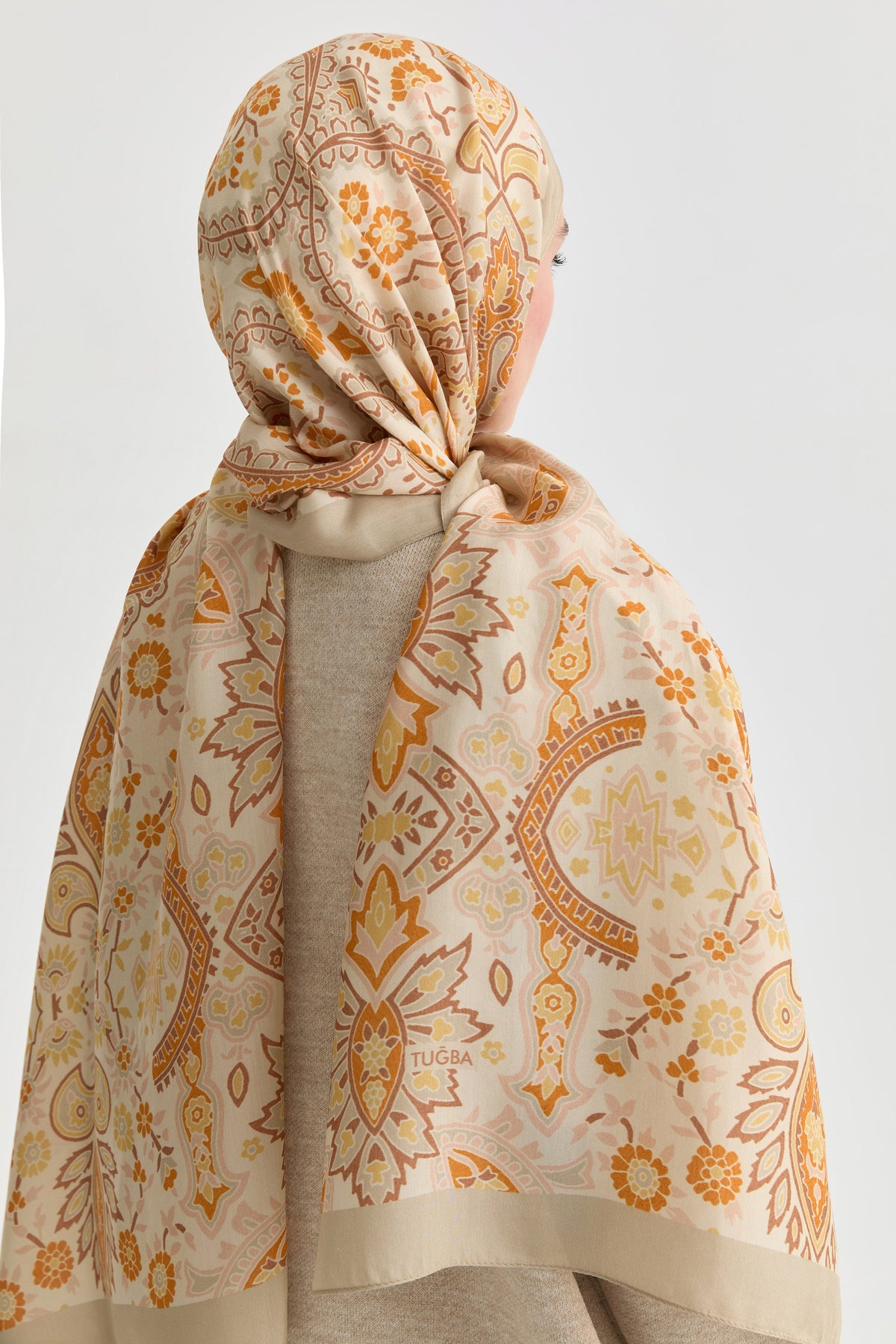 Paisley Desenli Natural Şal - Turuncu TUGBA