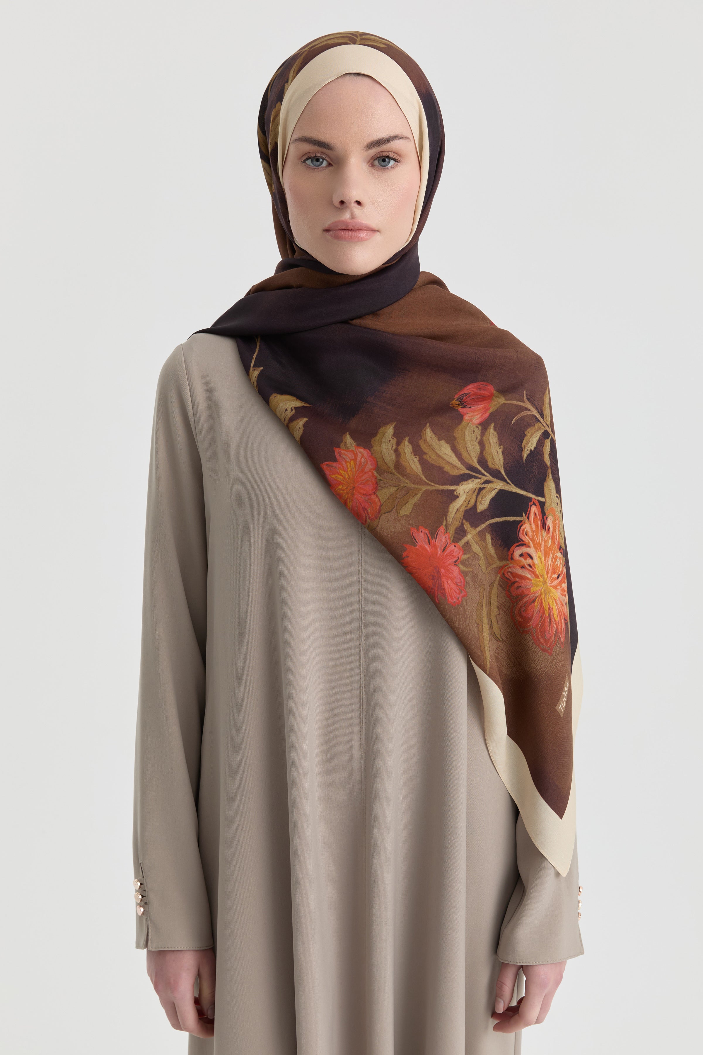 Funda Çiçek Desenli Natural Şal - Kahve TUGBA
