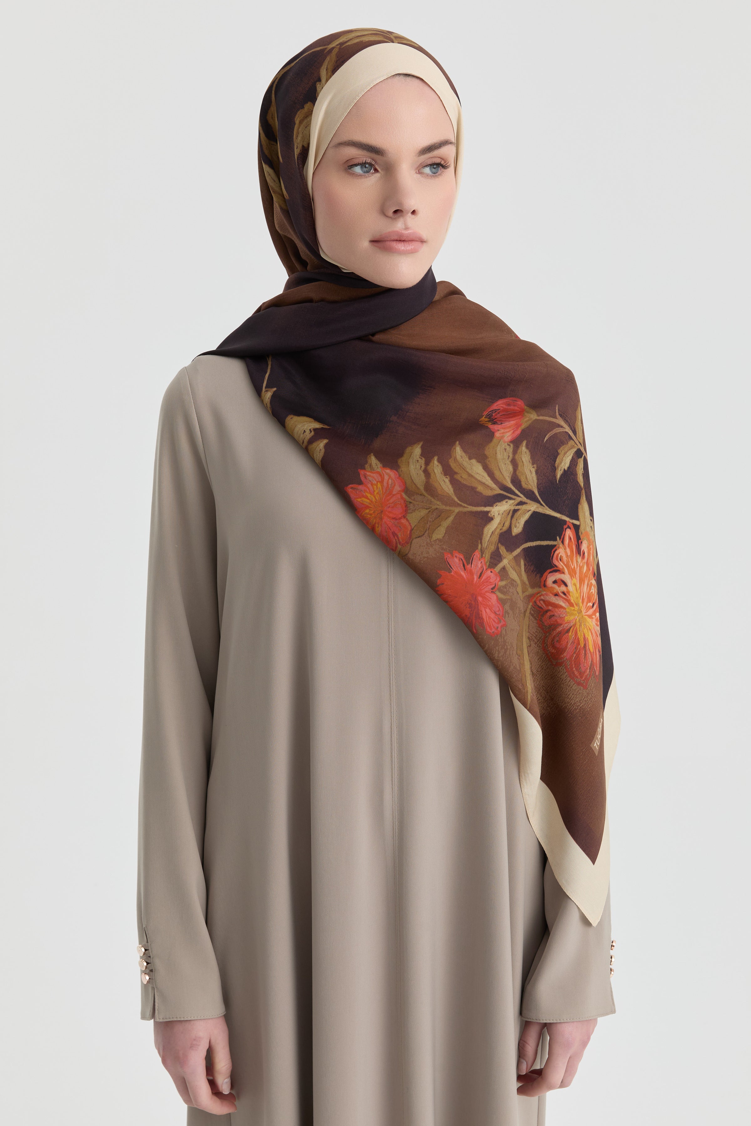 Funda Çiçek Desenli Natural Şal - Kahve TUGBA