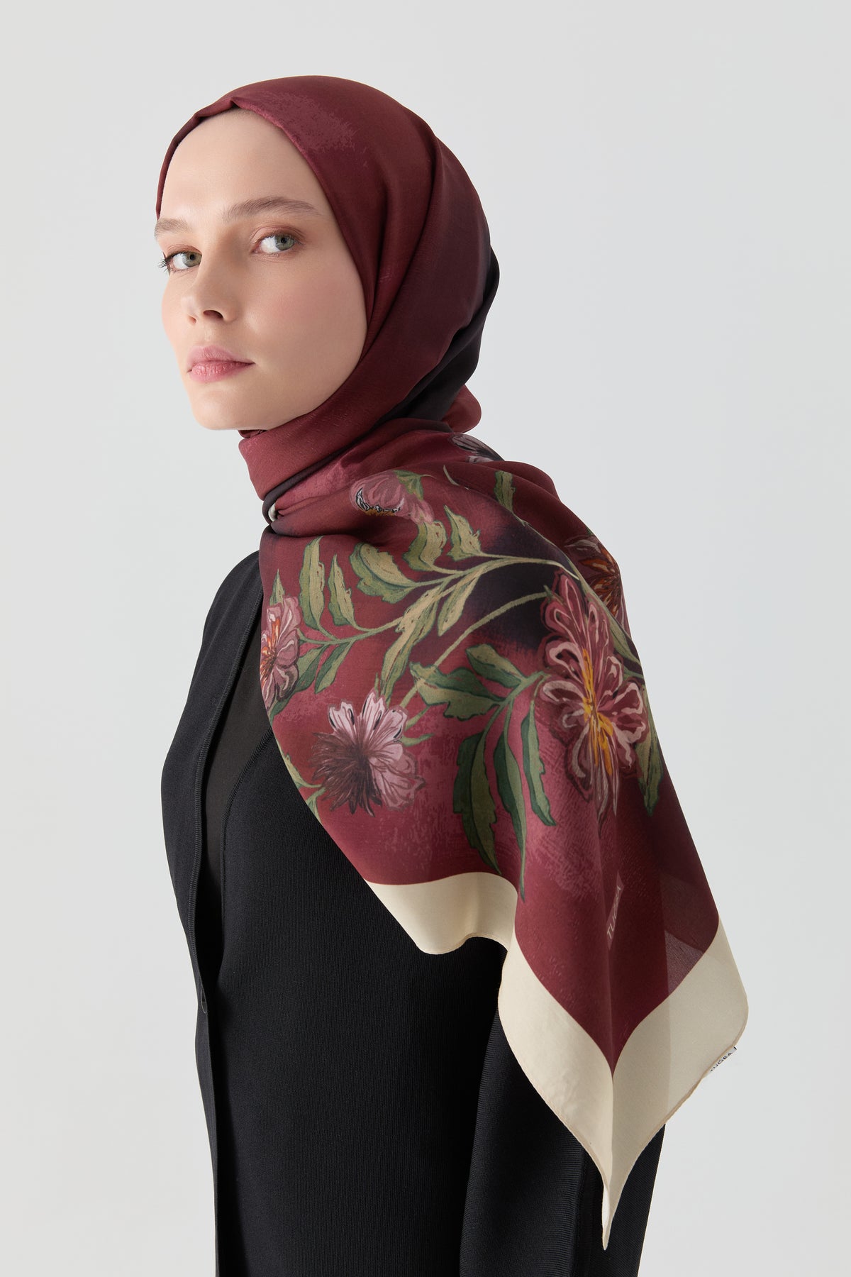 Chal natural con estampado floral Funda - Ciruela