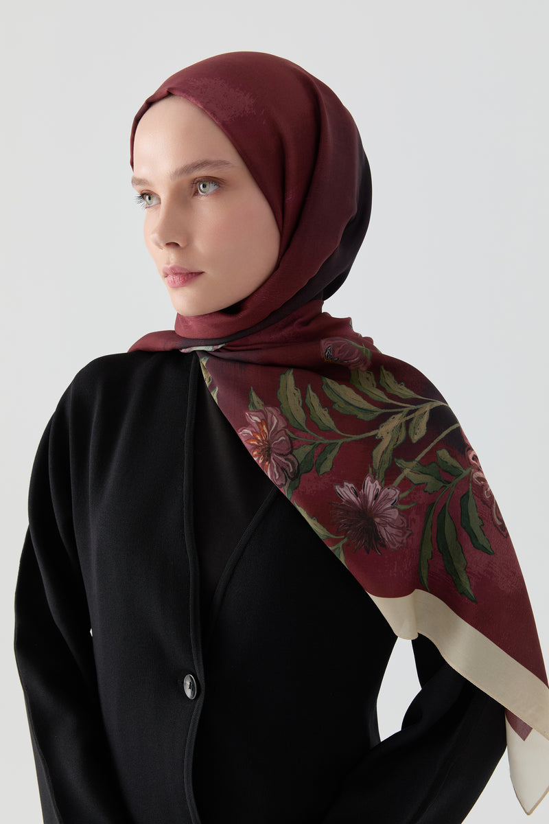 Funda Çiçek Desenli Natural Şal - Mürdüm TUGBA