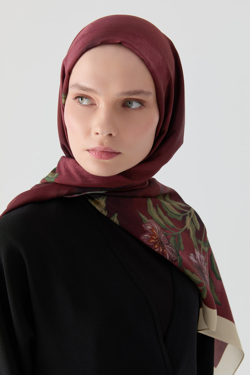 Funda Çiçek Desenli Natural Şal - Mürdüm TUGBA