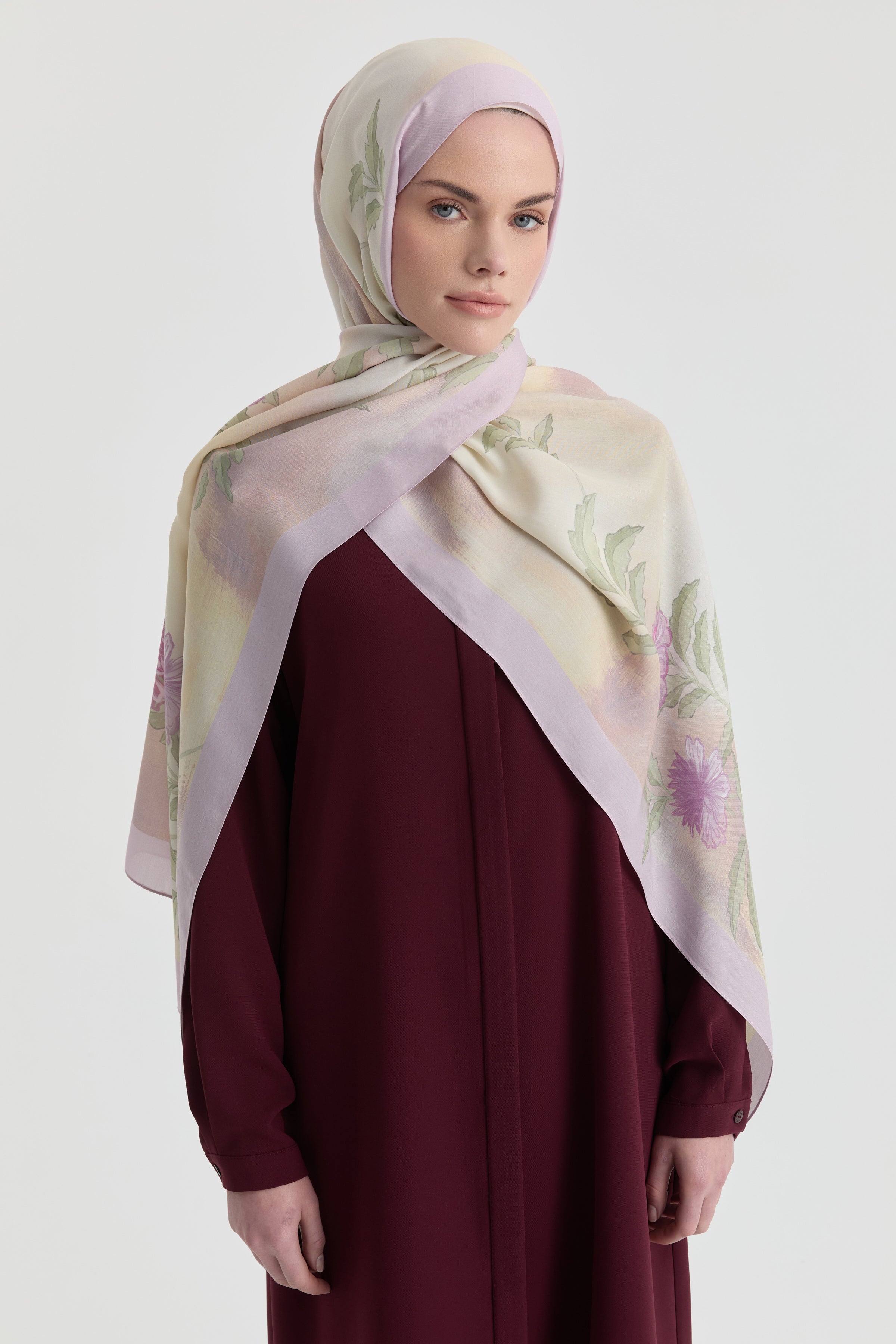 Funda Çiçek Desenli Natural Şal - Lila TUGBA