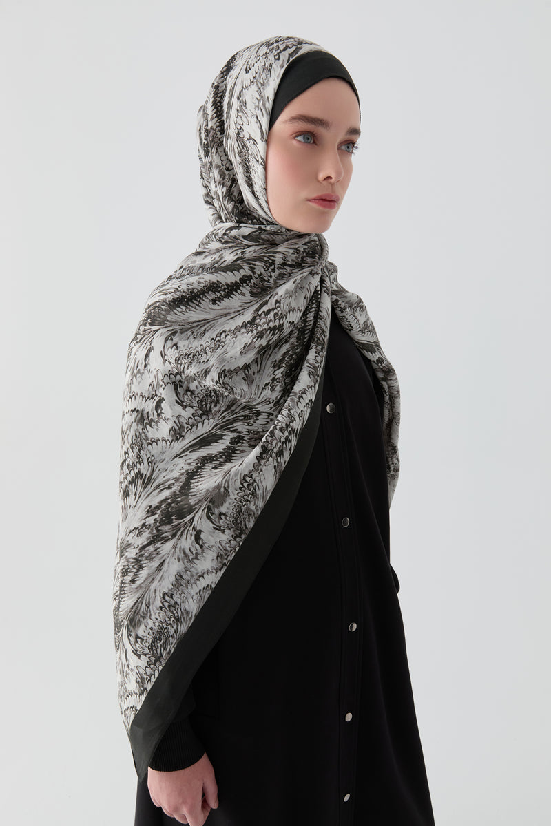 Ebru Desenli Natural Şal - Siyah TUGBA