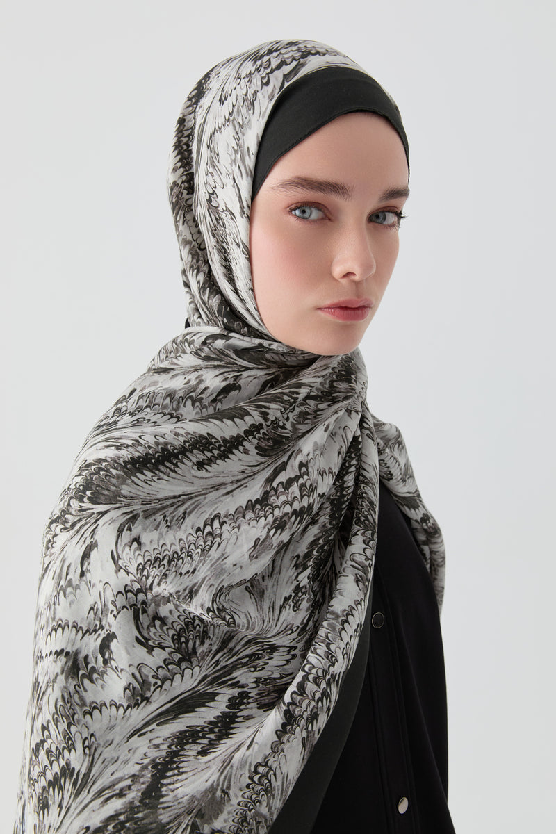 Ebru Desenli Natural Şal - Siyah TUGBA