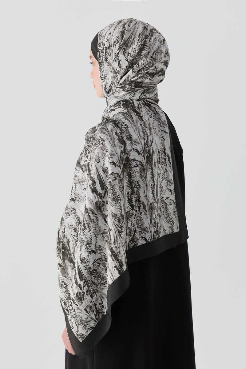 Ebru Desenli Natural Şal - Siyah TUGBA