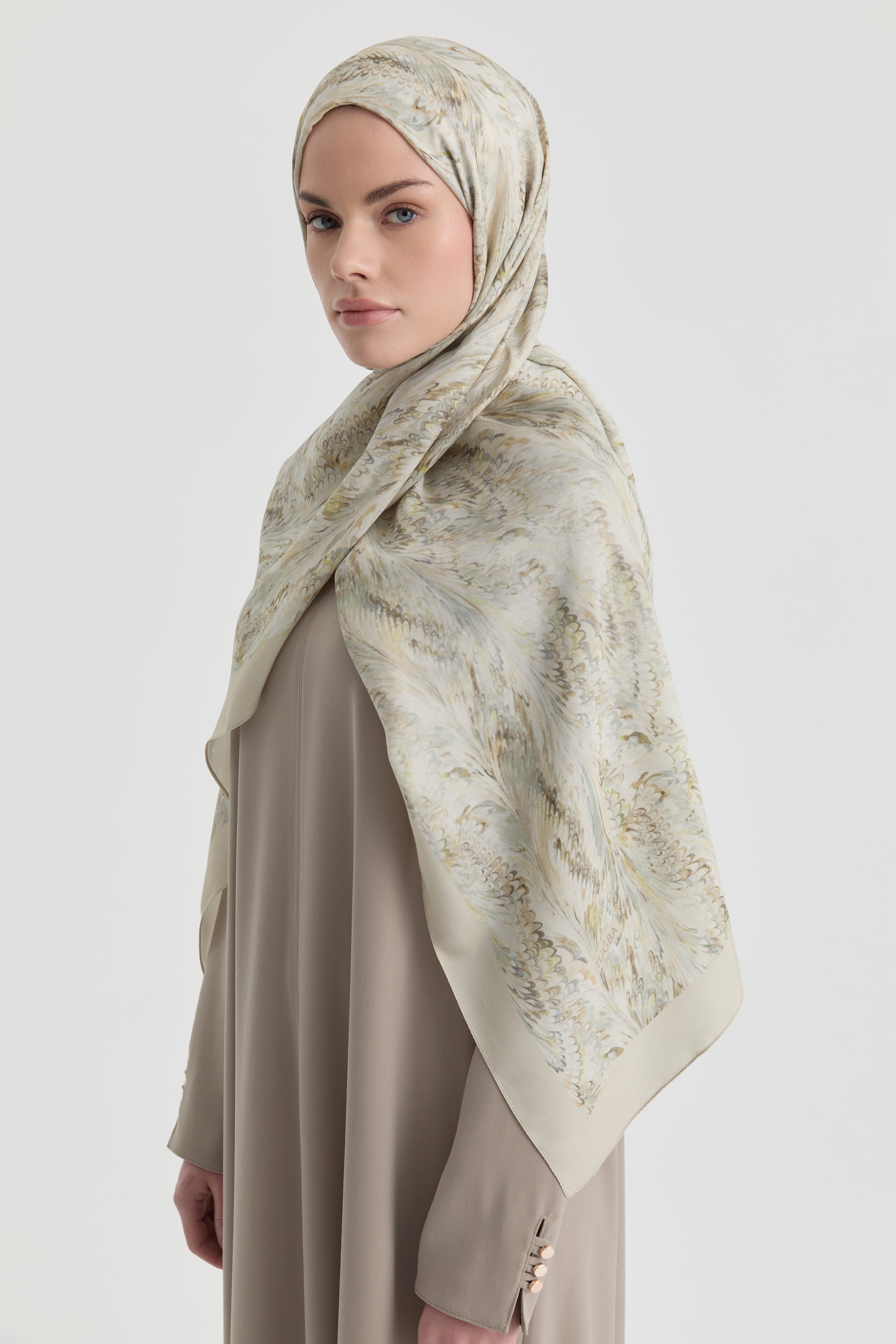 Ebru Desenli Natural Şal - Açık Yeşil TUGBA