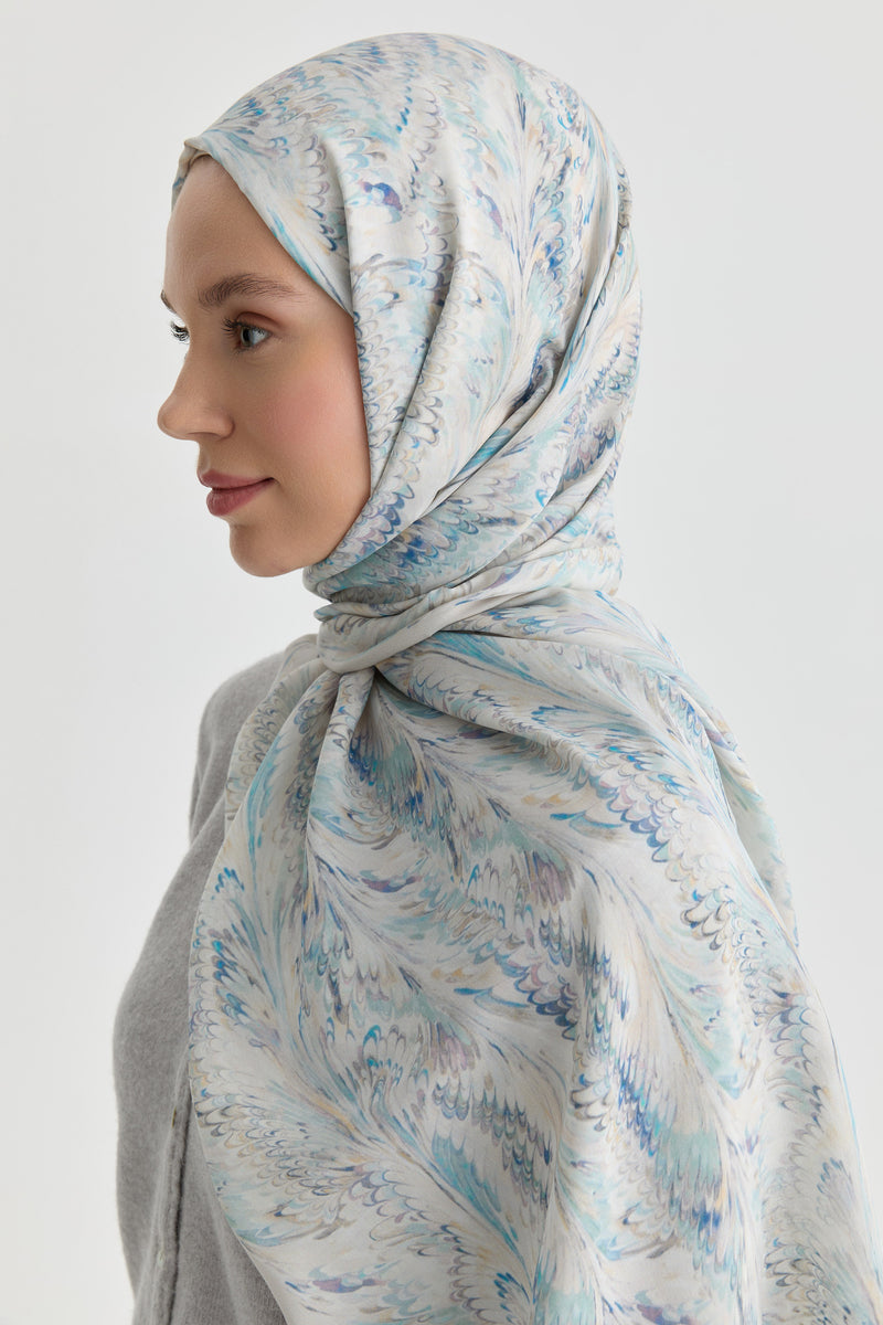 Ebru Desenli Natural Şal - Açık Mavi TUGBA
