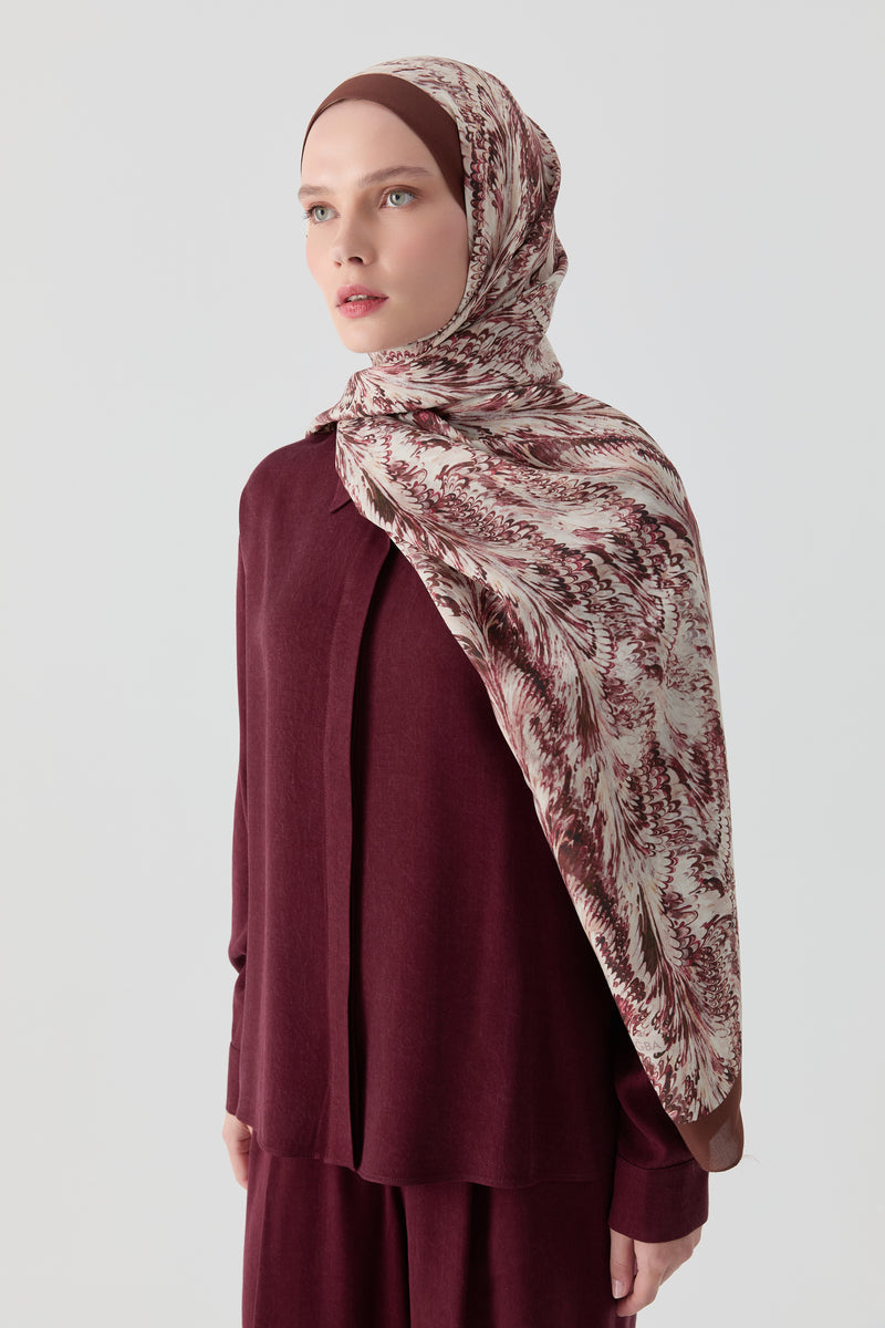 Ebru Desenli Natural Şal - Bordo TUGBA