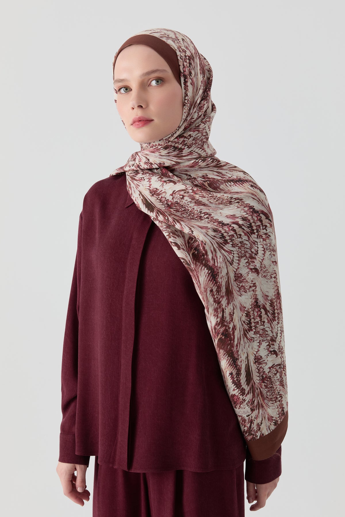 Ebru Desenli Natural Şal - Bordo TUGBA
