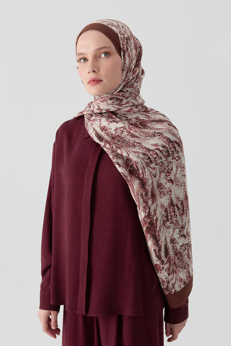 Ebru Desenli Natural Şal - Bordo TUGBA