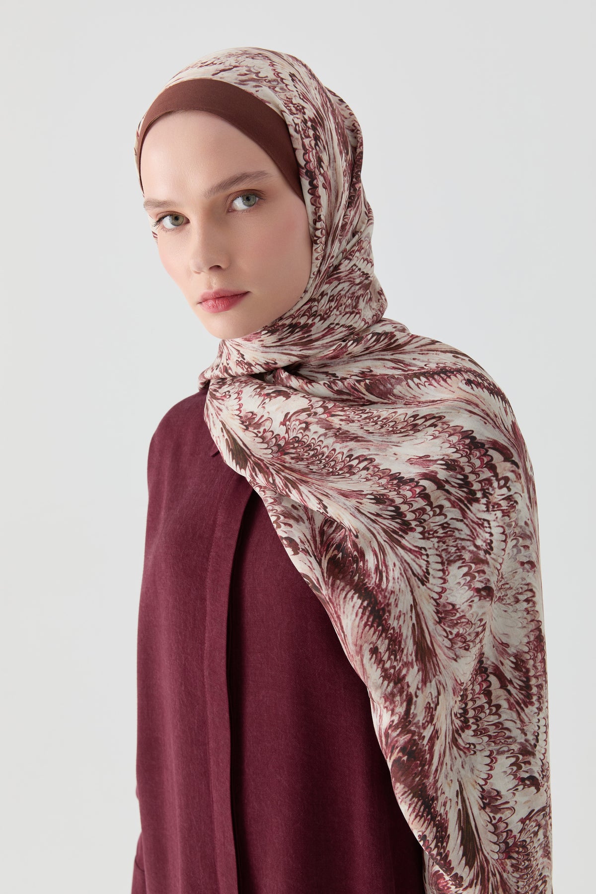 Ebru Desenli Natural Şal - Bordo TUGBA