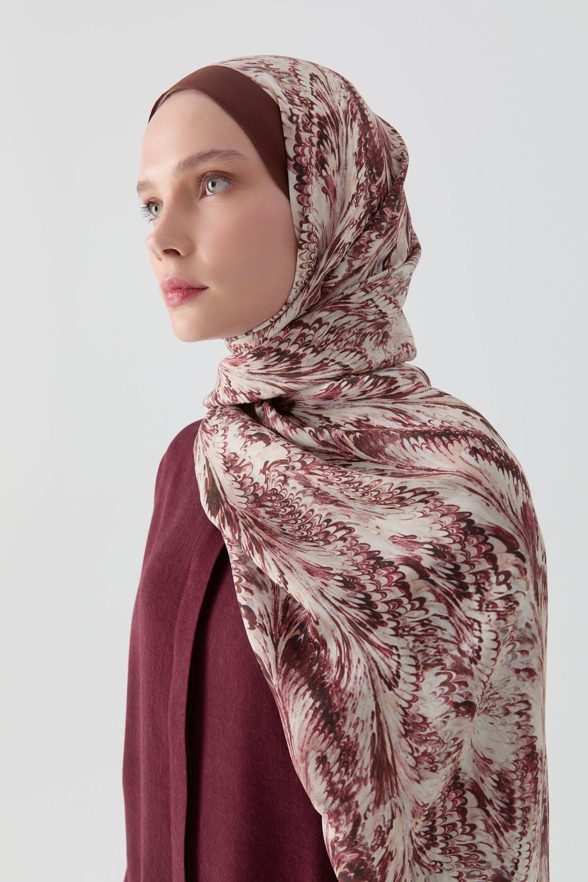 Ebru Desenli Natural Şal - Bordo TUGBA