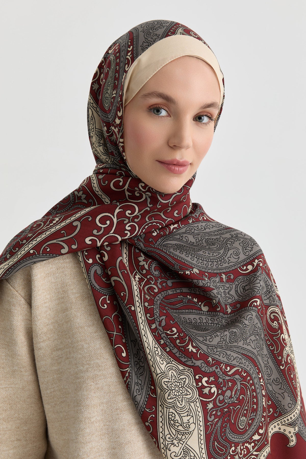 Etnik Şal Desenli Natural Şal - Bordo TUGBA