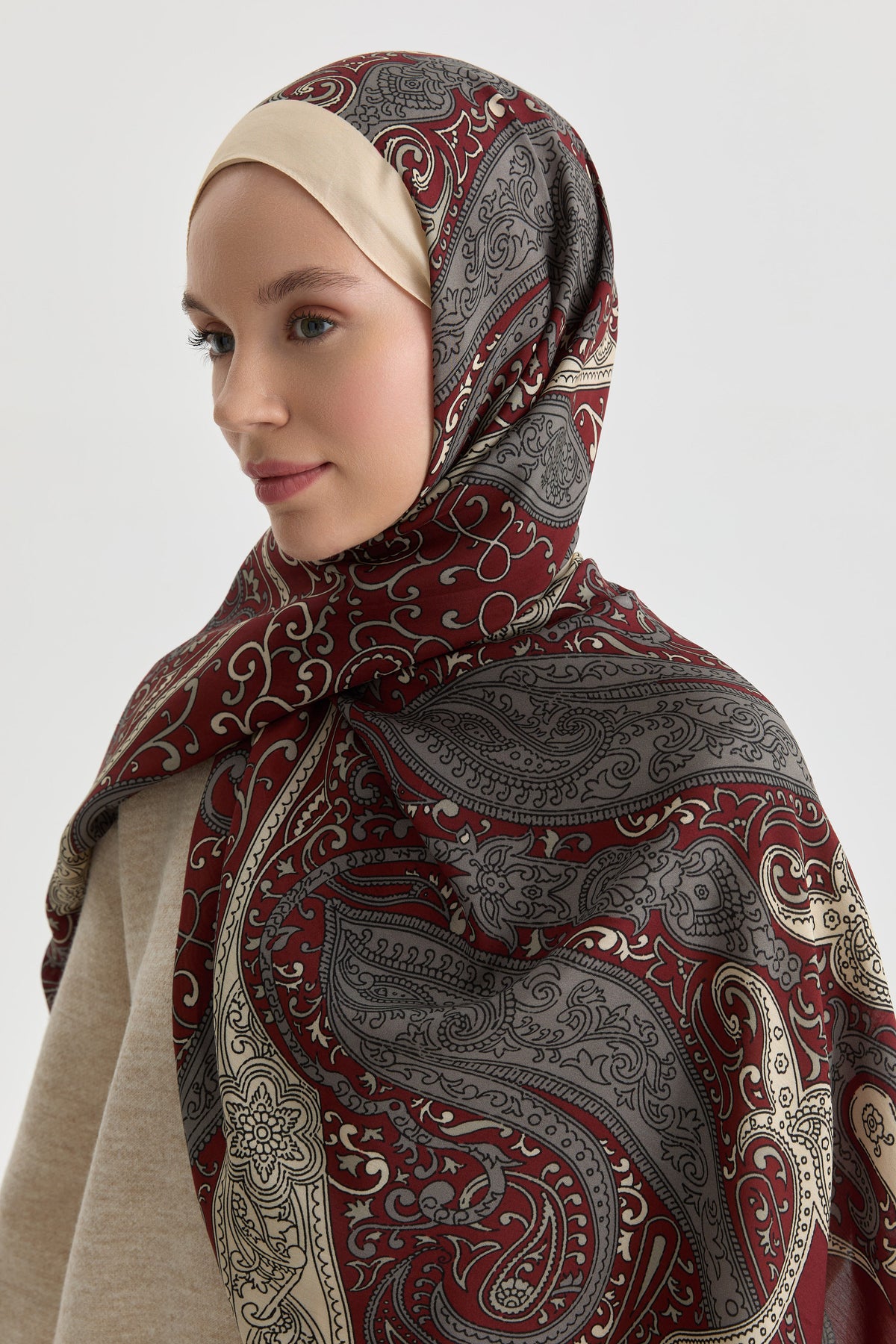 Etnik Şal Desenli Natural Şal - Bordo TUGBA
