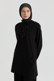 Deri Kombinli Örme Sweat - Siyah TUGBA