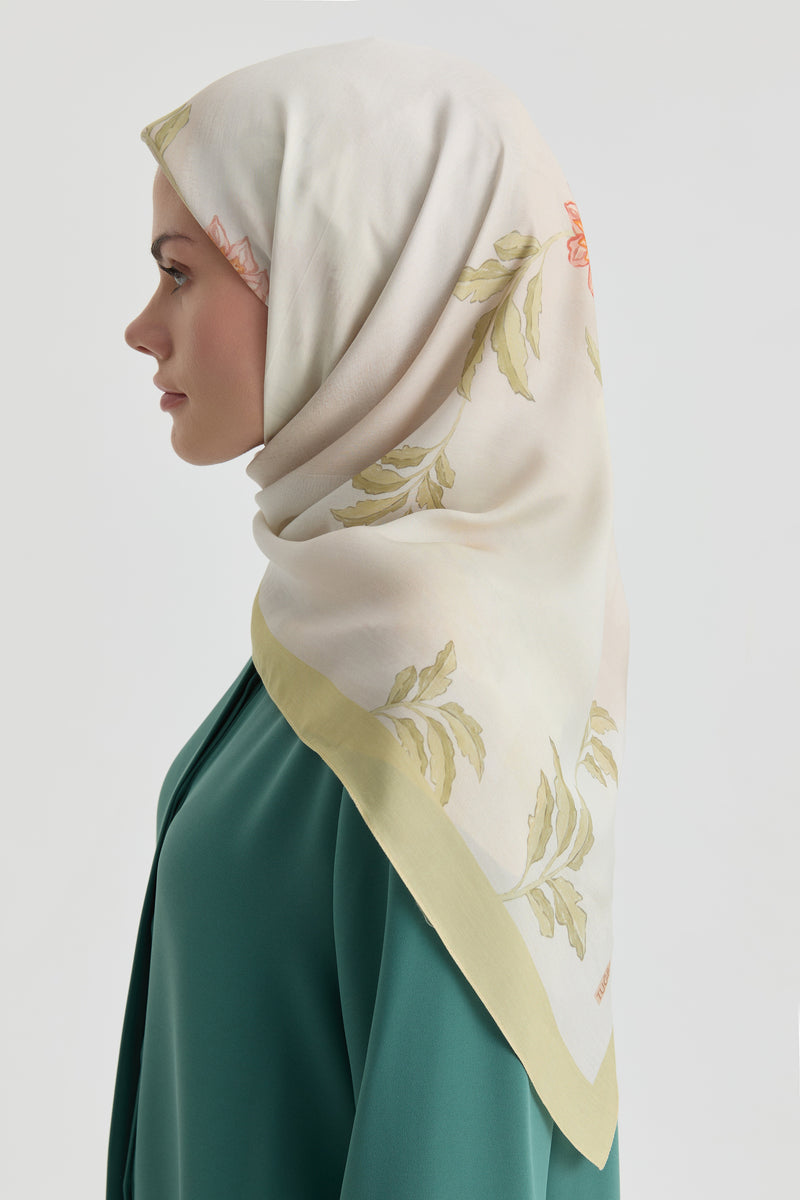 Funda Çiçek Desenli Natural Eşarp - Açık Yeşil TUGBA