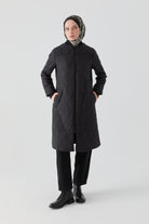 Pilot Yakalı Ribana Detaylı Kapitone Kaban - Siyah TUGBA