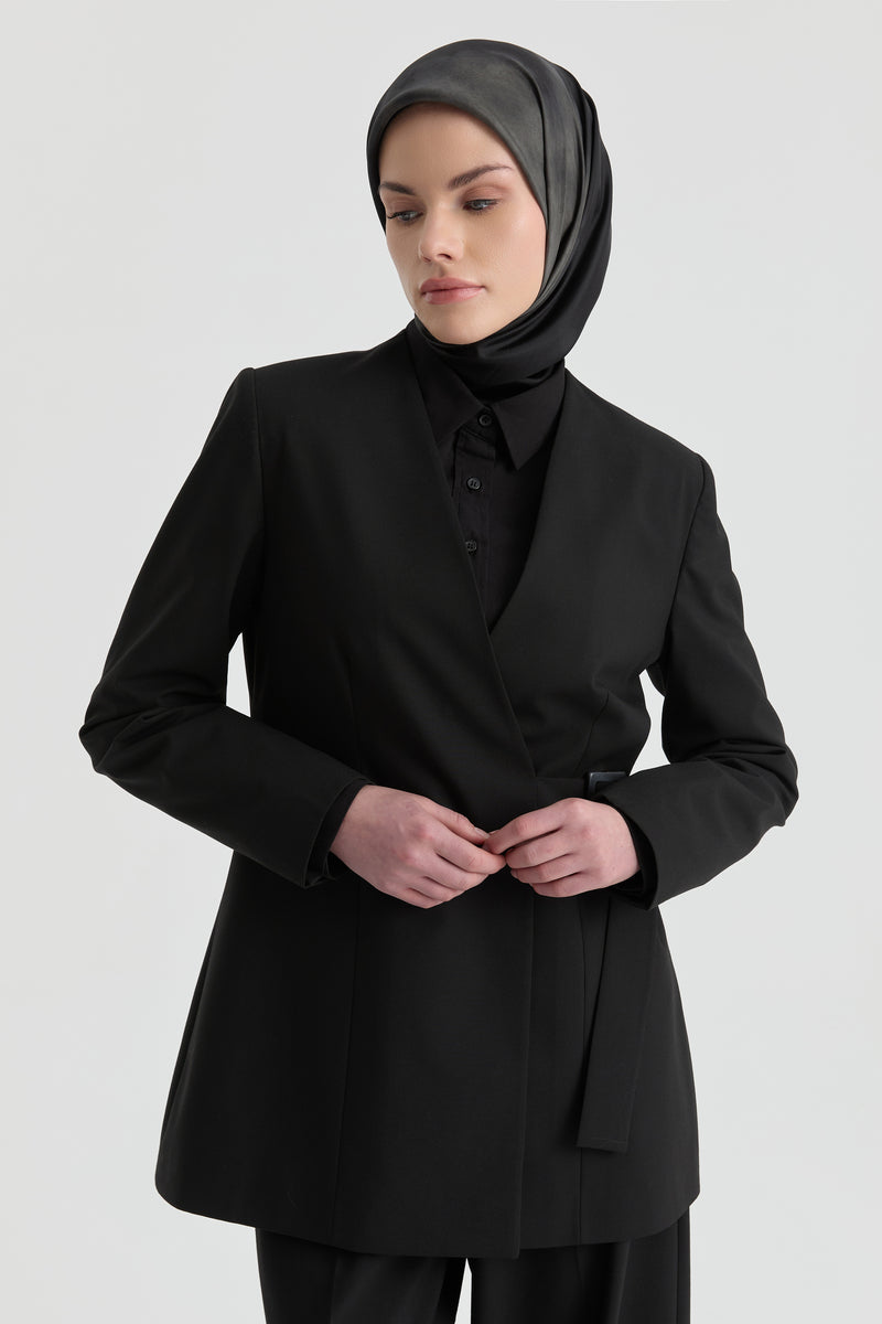 V Yaka Blazer Ceket - Siyah TUGBA