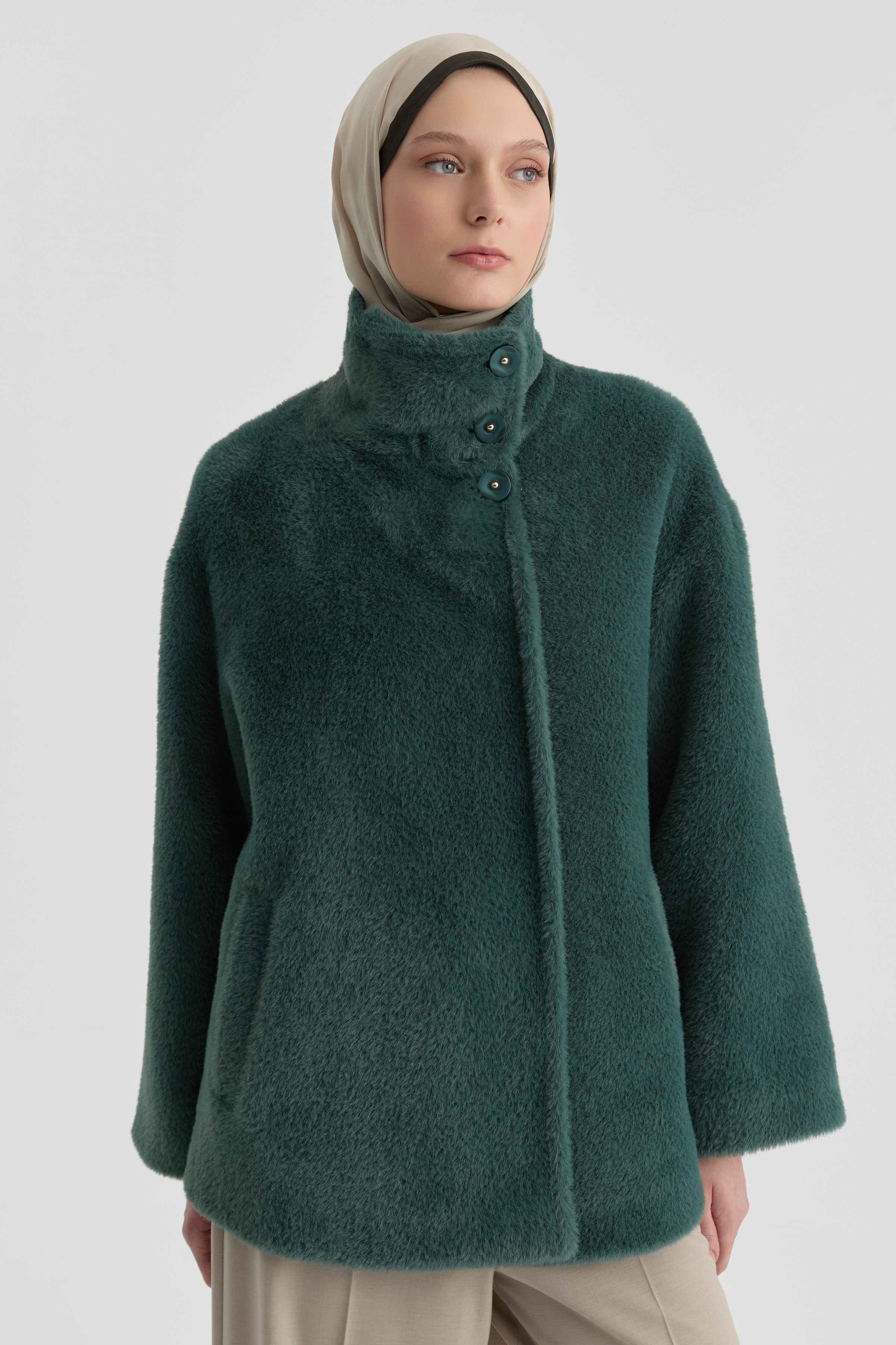 Dik Yakalı Mont - Zümrüt TUGBA