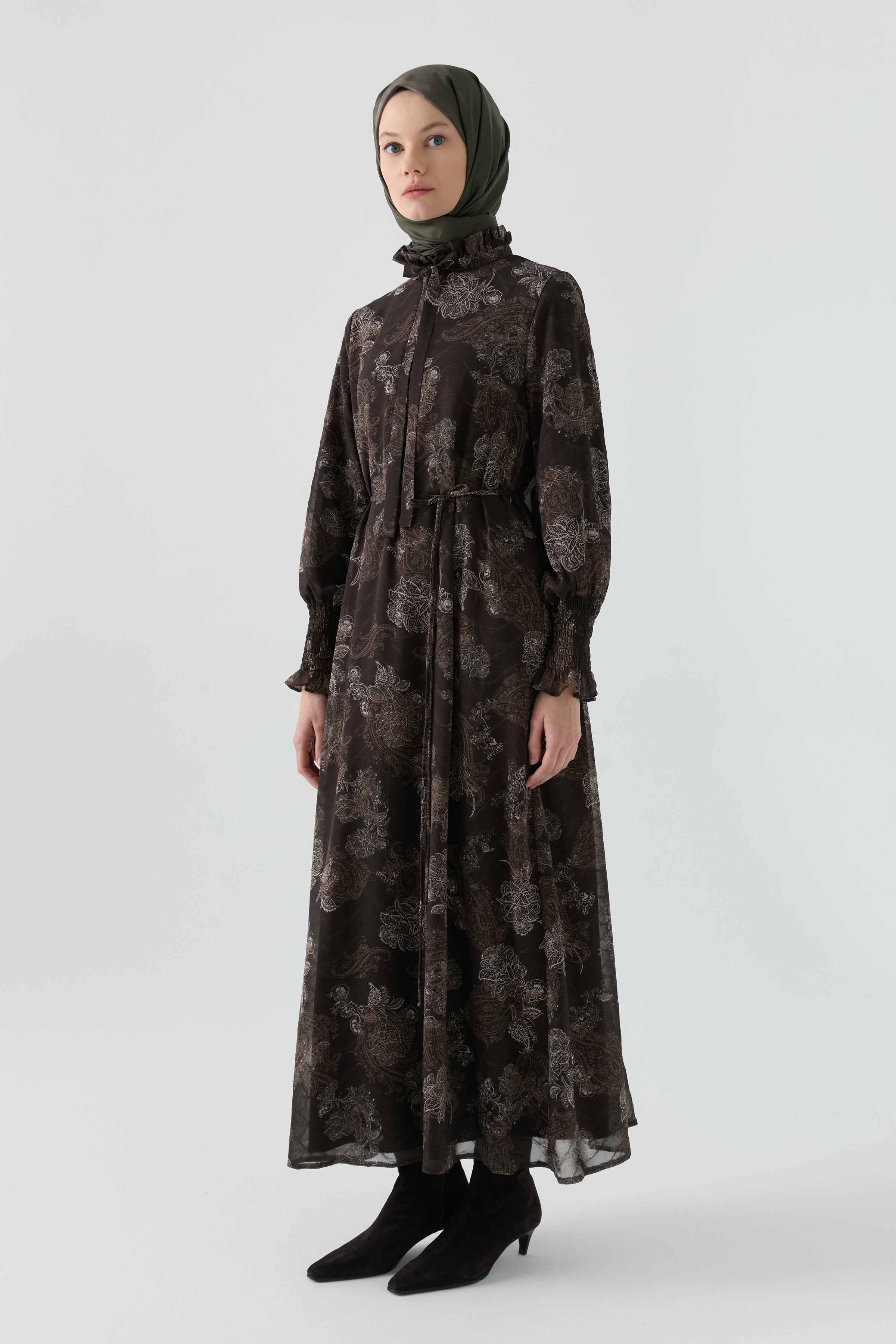 Çiçek Desenli Elbise - Kahve TUGBA