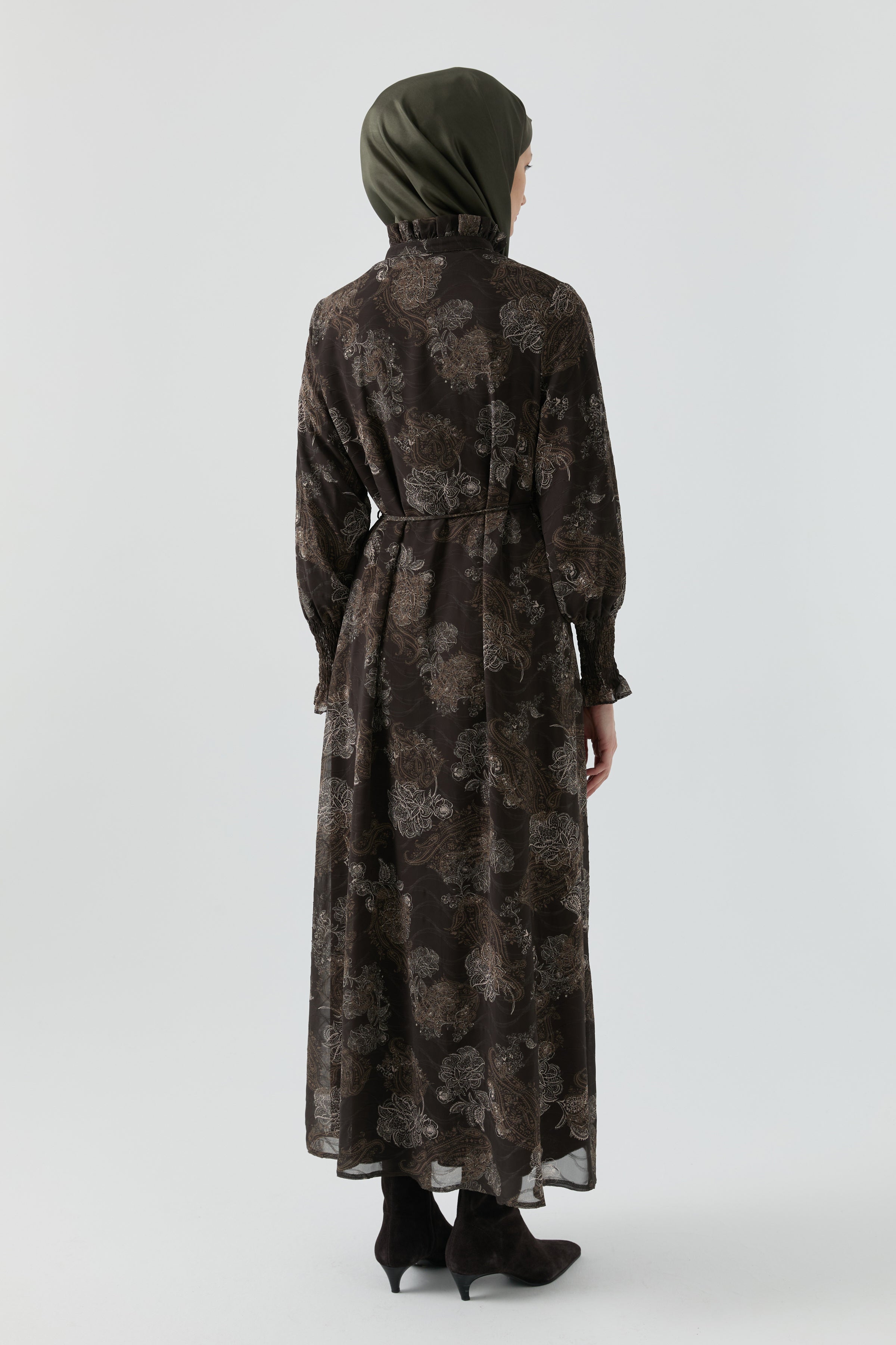 Çiçek Desenli Elbise - Kahve TUGBA