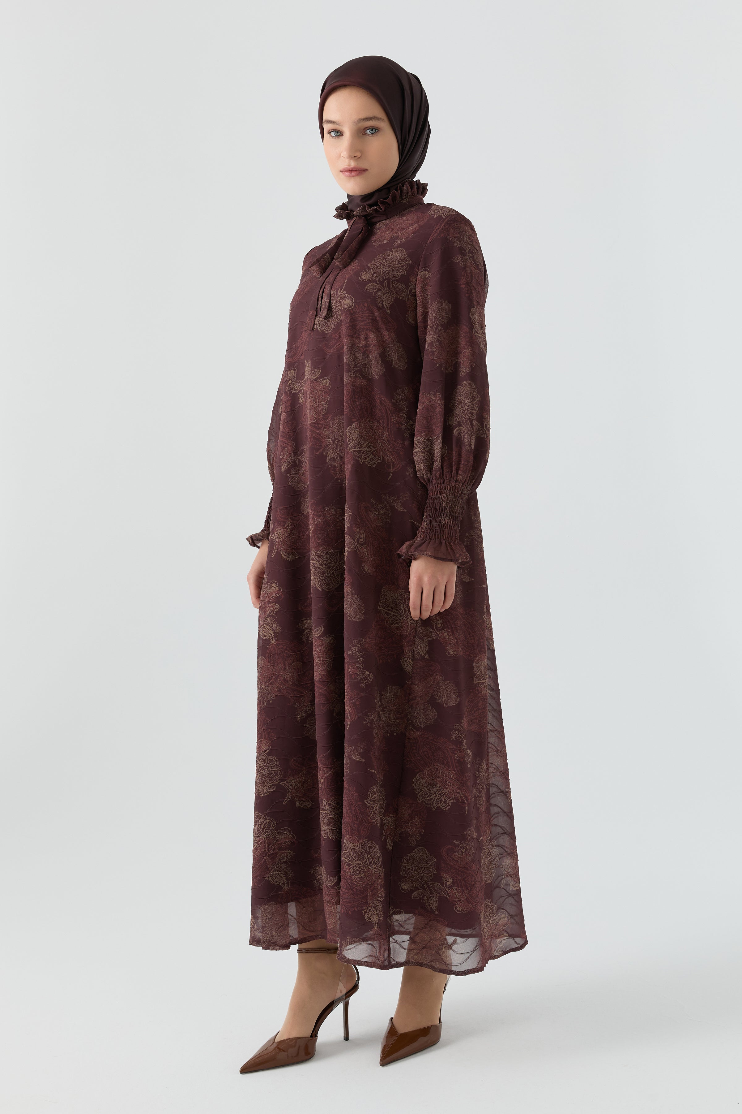 Çiçek Desenli Elbise - Mürdüm TUGBA