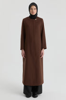 Gizli Pat Düğmeli Basic Manto - Kahve TUGBA