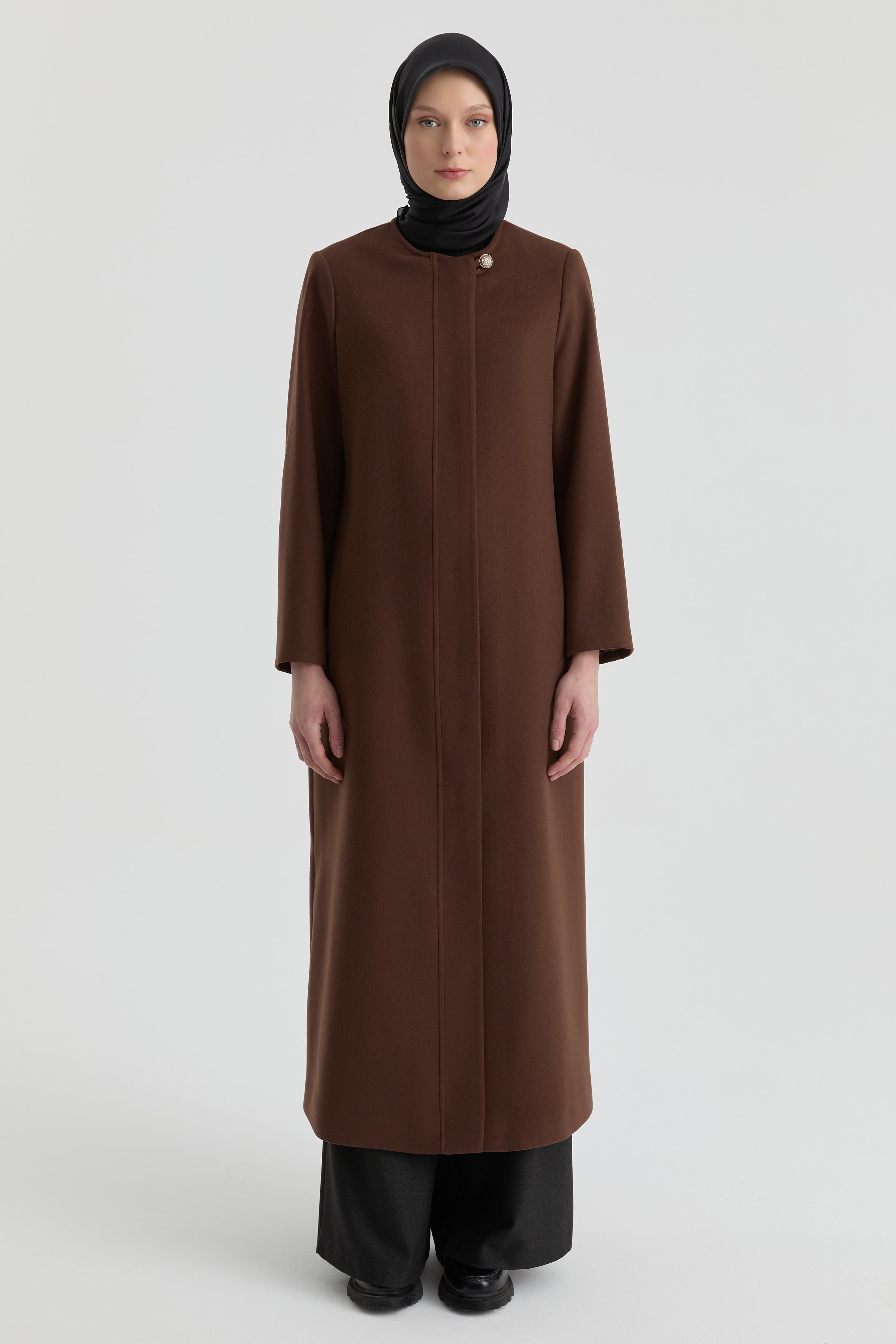 Gizli Pat Düğmeli Basic Manto - Kahve TUGBA