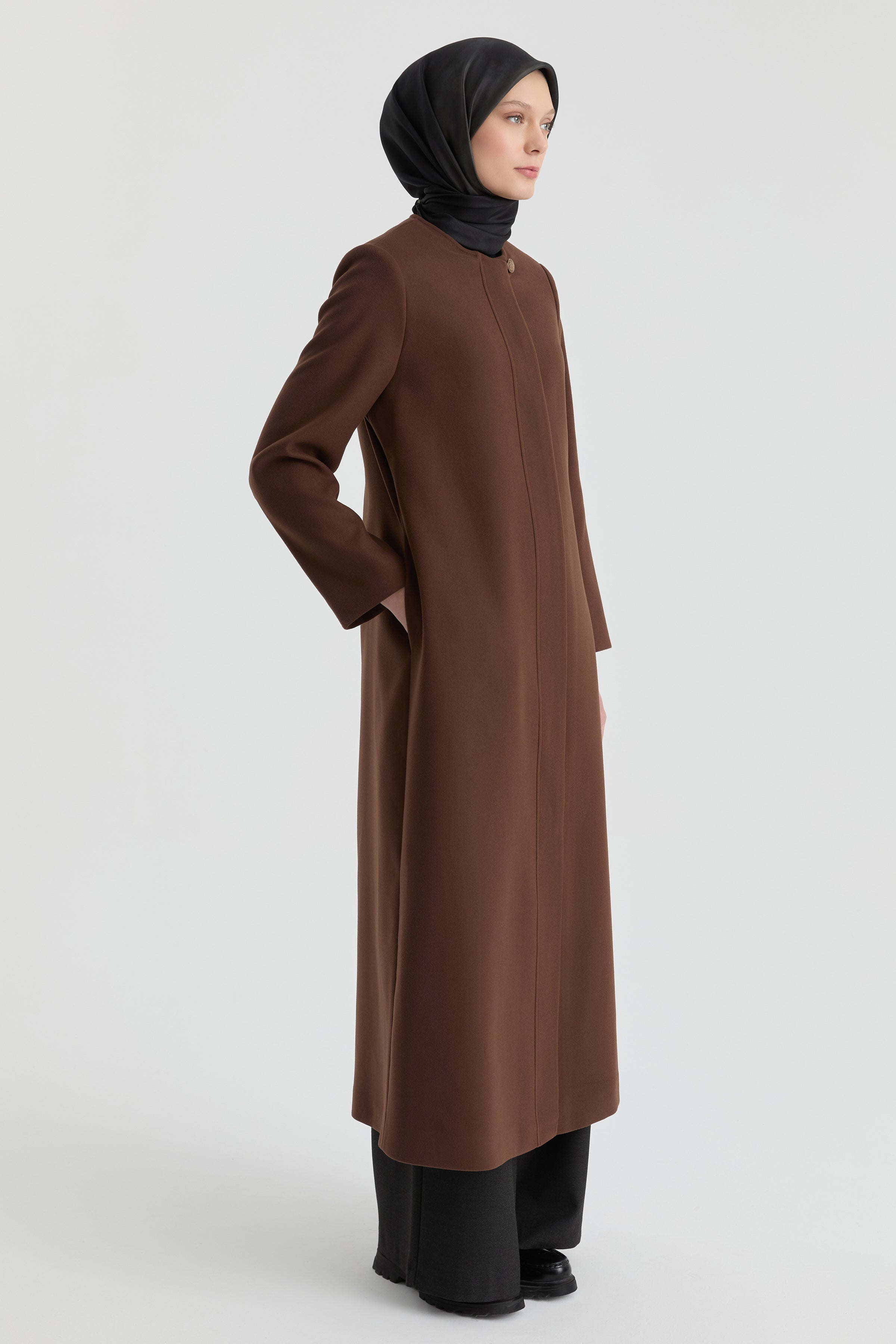 Gizli Pat Düğmeli Basic Manto - Kahve TUGBA