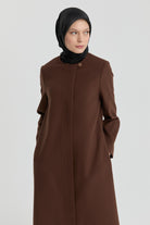 Gizli Pat Düğmeli Basic Manto - Kahve TUGBA