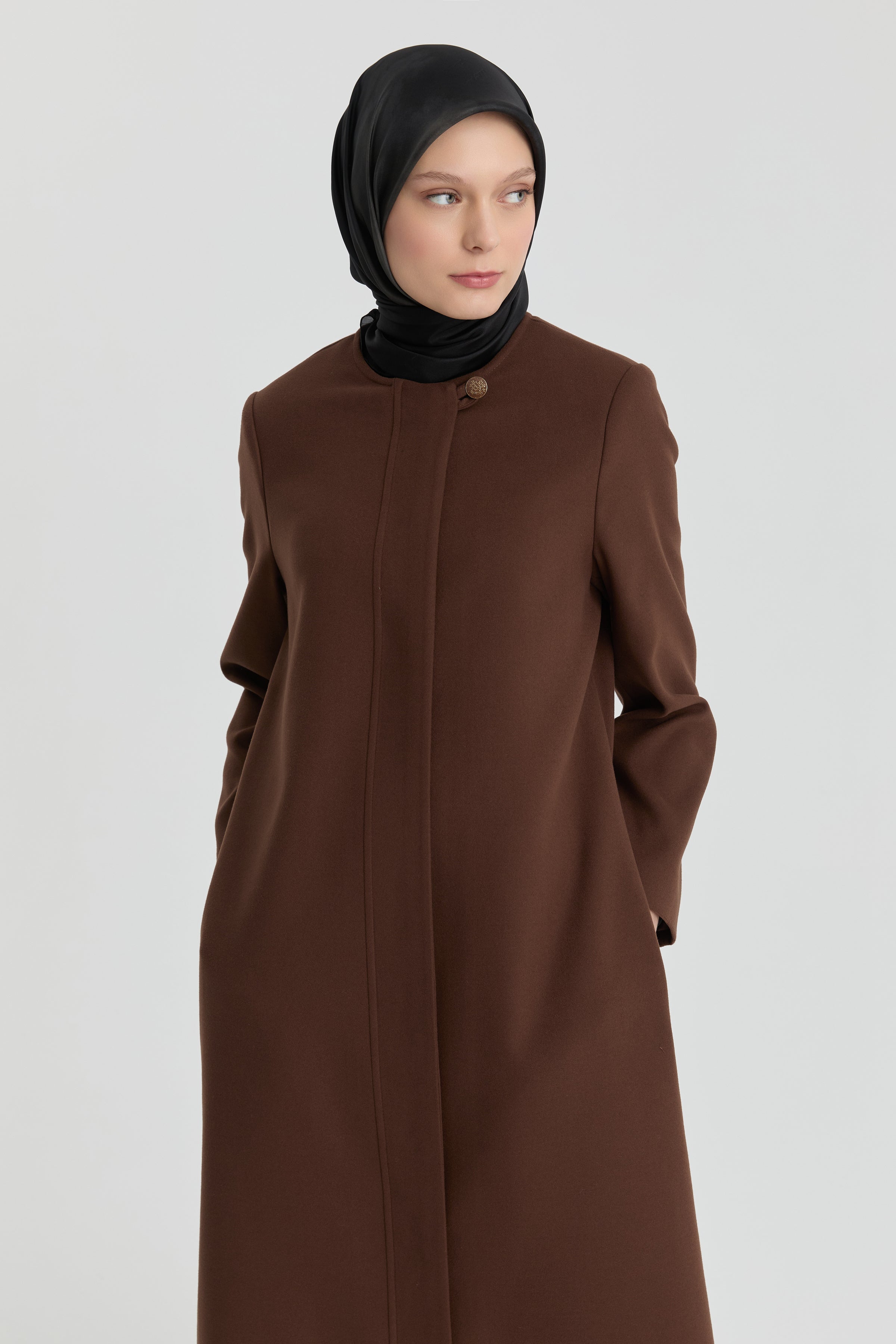 Gizli Pat Düğmeli Basic Manto - Kahve TUGBA