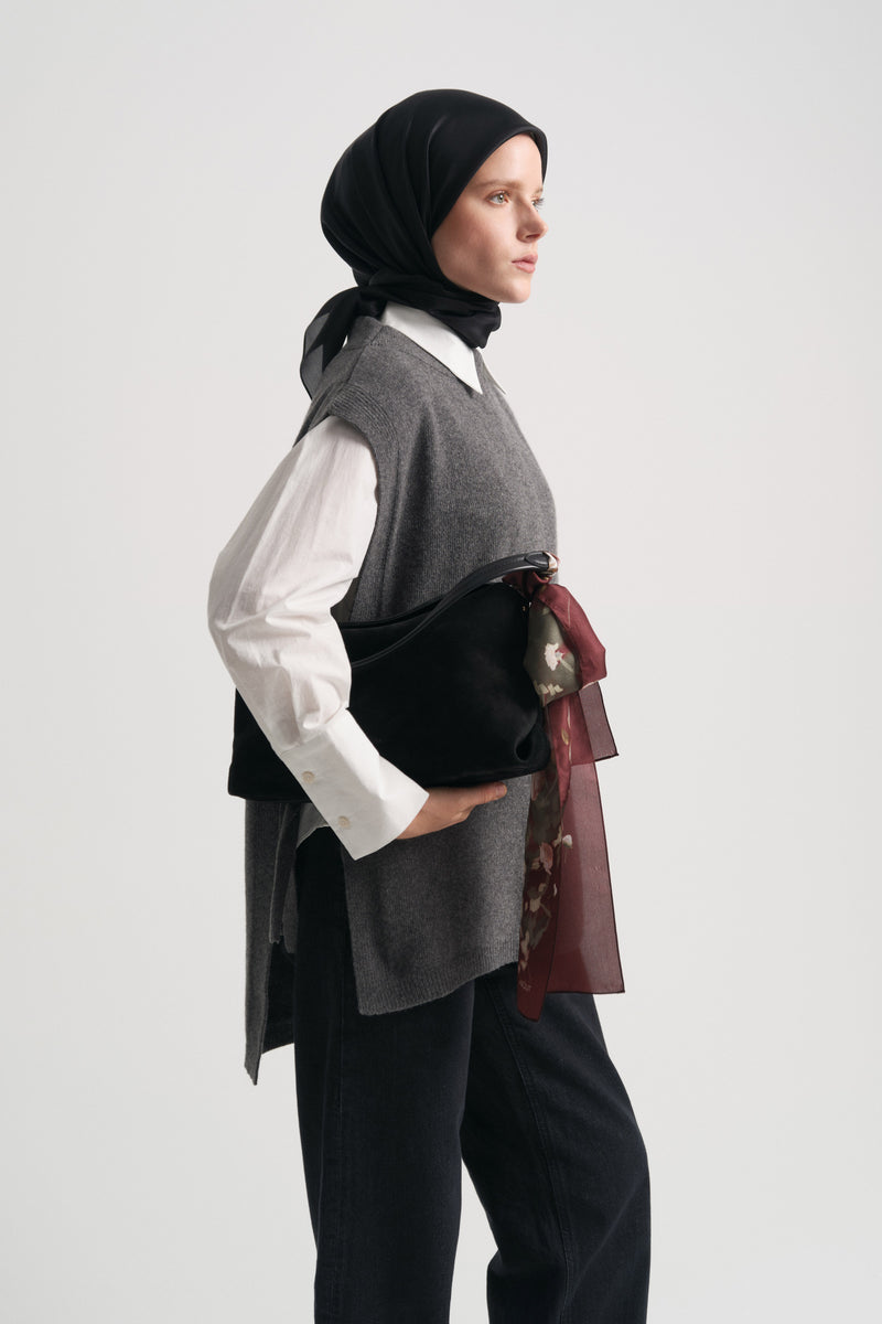 Genuine Suede Leather Shoulder Bag - Black