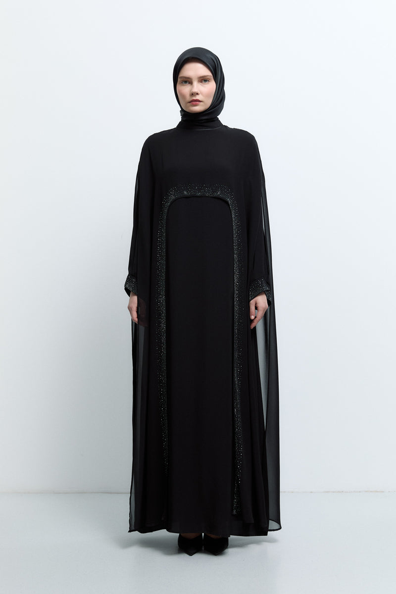 Taş Detaylı Abaya - Siyah TUĞBA