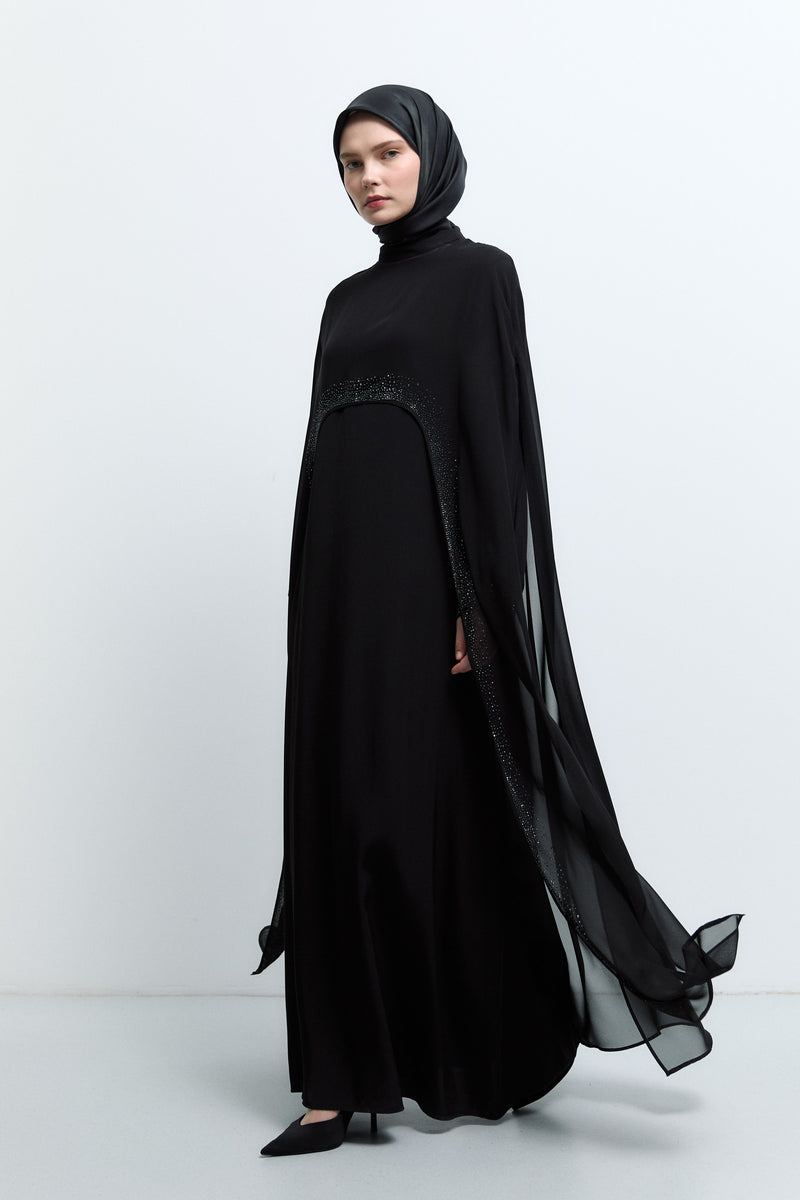 Taş Detaylı Abaya - Siyah TUĞBA