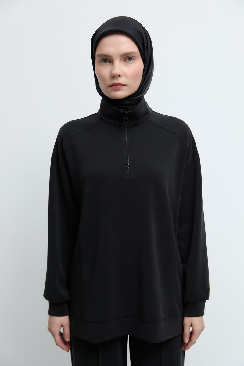Önü Fermuarlı Sweat - Siyah TUĞBA