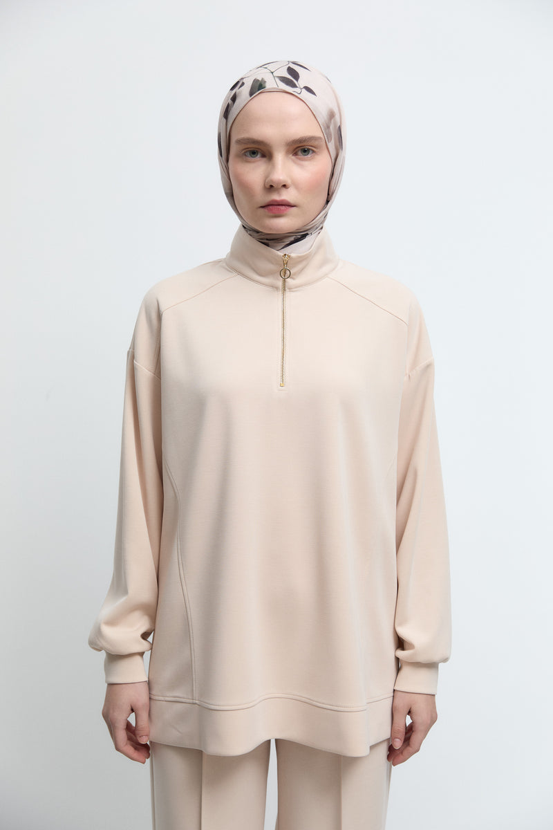 Önü Fermuarlı Sweat - Ekru TUĞBA