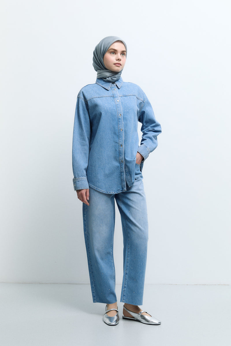 Taşlı Denim Pantolon - Mavi TUĞBA