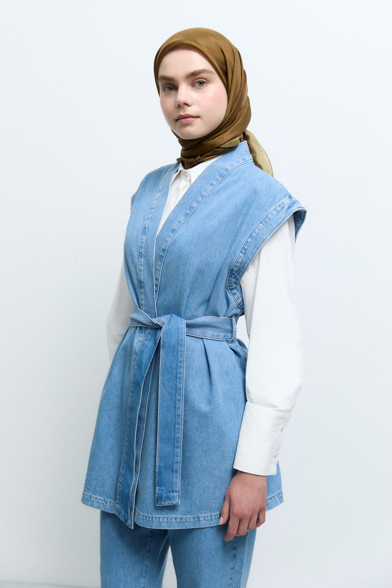 Kuşaklı Denim Yelek - Mavi TUĞBA