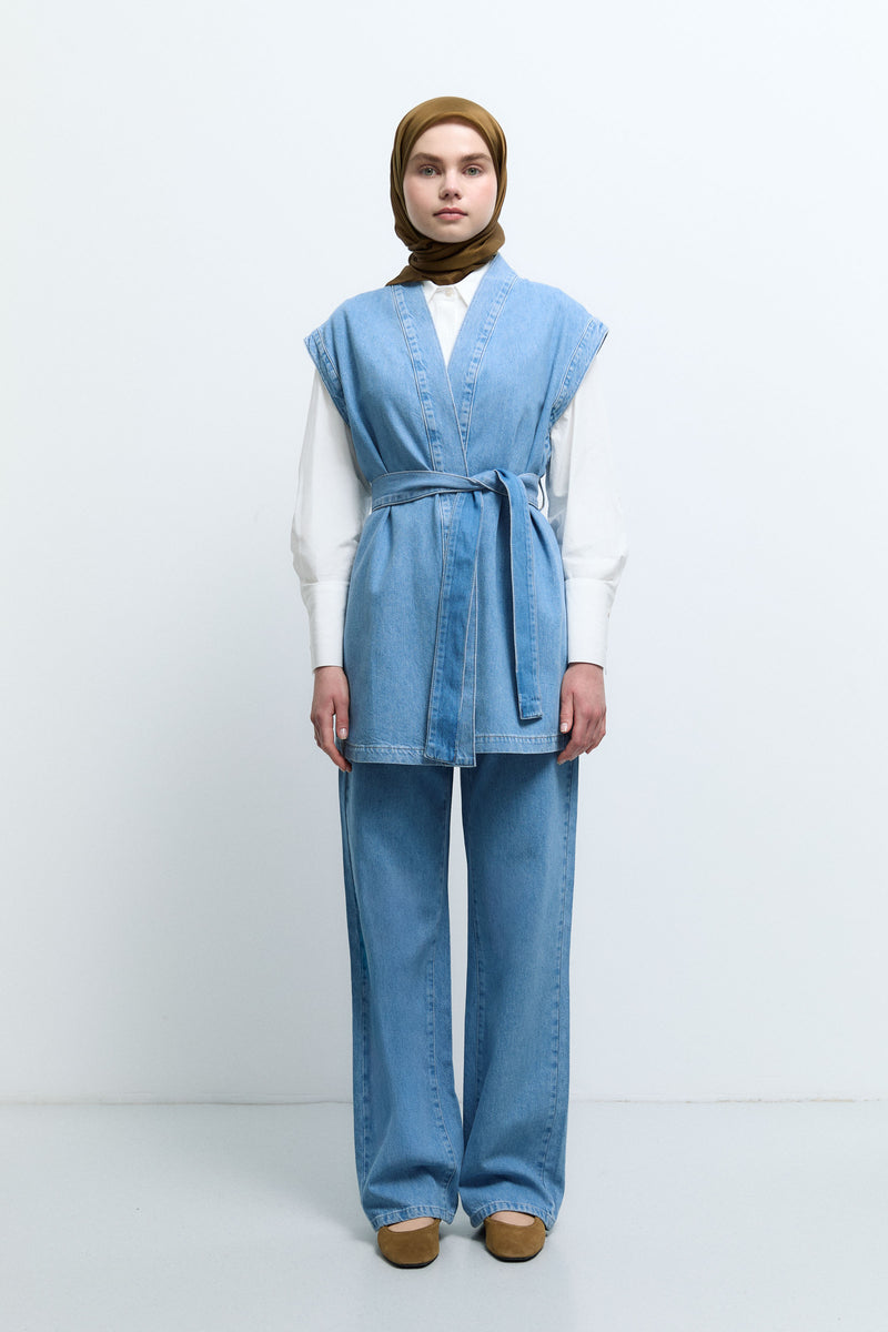 Kuşaklı Denim Yelek - Mavi TUĞBA