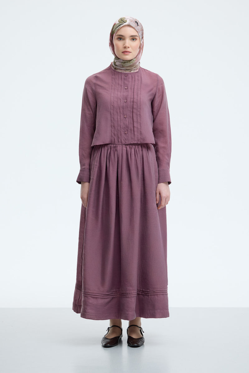 Lyocell Karışım Pileli Etek Bluz Takım - Mürdüm TUĞBA