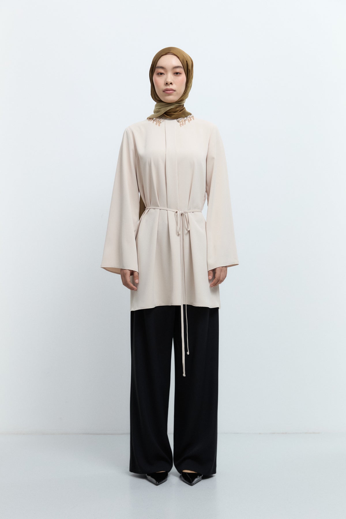Tunic with Beaded Neckline - Beige