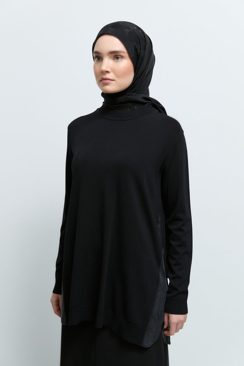 Rayon Karışım Sıfır Yaka Tunik - Siyah TUĞBA