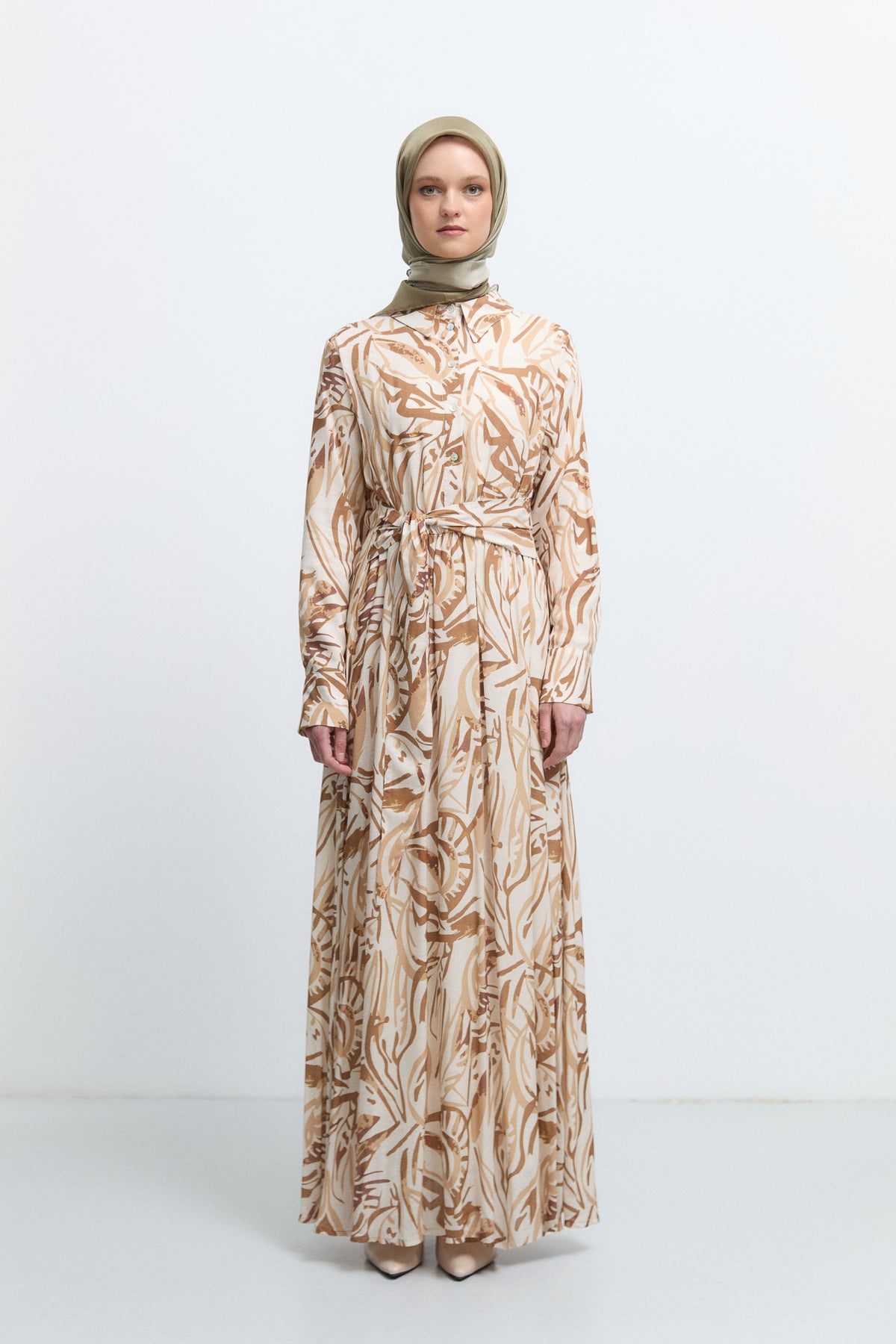 %100 Viskon Belden Bağlamalı Elbise - Camel