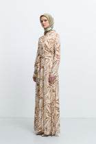 %100 Viskon Belden Bağlamalı Elbise - Camel TUĞBA
