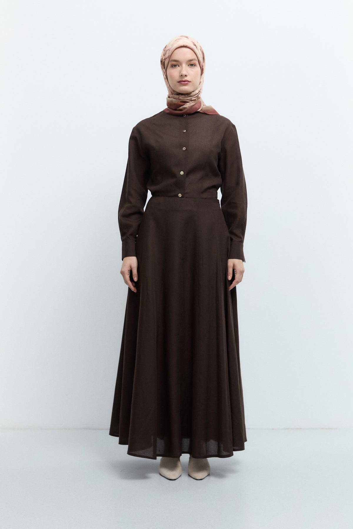 Lyocell Blend Skirt with Stitching Detail - Bitter Brown
