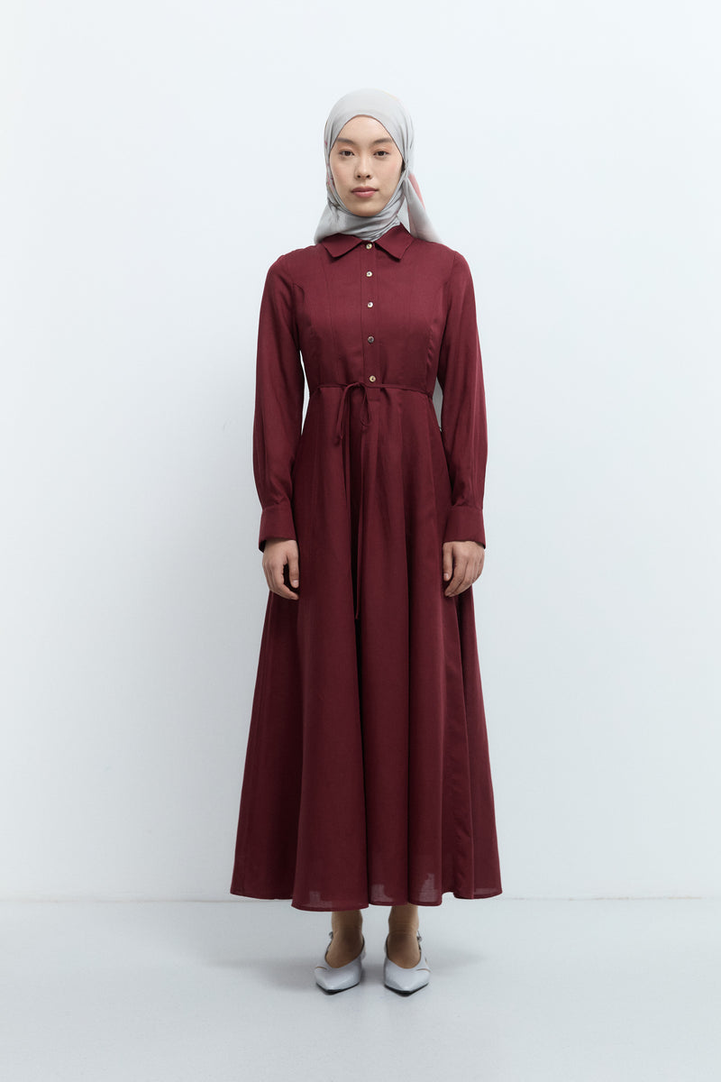 Lyocell Karışımlı Gömlek Yaka Elbise - Marsala TUĞBA